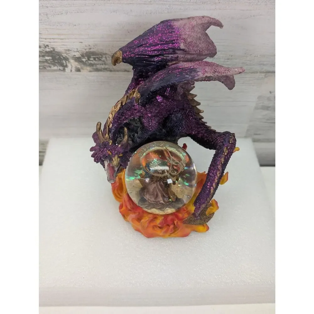 Purple Dragon Wizard Crystal Ball Resin Figurine Statue Fantasy Flames Glitter‎